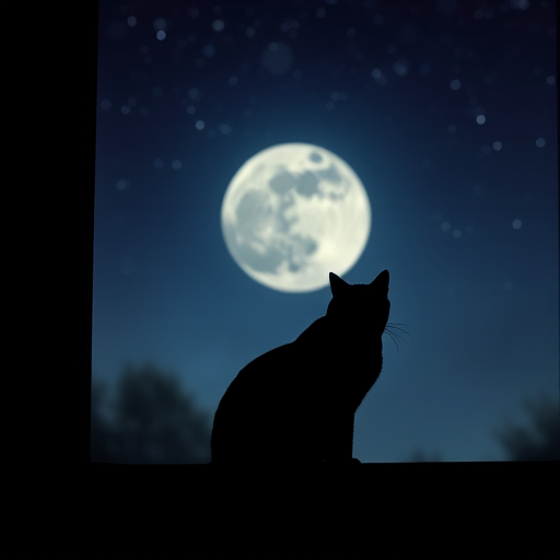 Create a high-resolution black silhouette of a cat perched on a windowsill against a moonlit night sky with stars, using a DSLR camera with a 50mm lens, f/2.8 aperture, ISO 400, and a shallow depth of field for soft bokeh effect, shot from eye level.