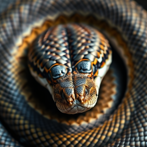 A highly detailed and realistic illustration of a coiled snake, showcasing intricate scale patterns and textures, with a focus on natural lighting, shot with a DSLR camera at f/2.8 aperture, ISO 100, 50mm lens, in macro view to enhance image quality and depth of field.