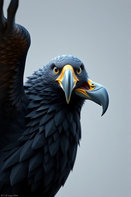 Generate a high-resolution, 3D polygonal illustration of a stylized black eagle with exaggerated features, centered in the frame, using a DSLR camera with a 50mm lens at f/2.8 for a shallow depth of field, ISO 100, and natural lighting for enhanced details.