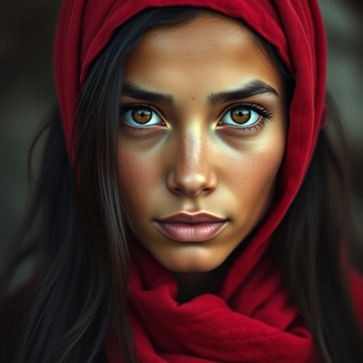 Create a portrait of a young taino woman with long, dark hair and captivating hazel eyes. She is wearing a red headscarf and a matching scarf draped gracefully around her neck. The background is softly blurred, focusing attention on her serene and natural expression. The overall color palette is muted and warm, enhancing the intimate and authentic feel of the portrait.