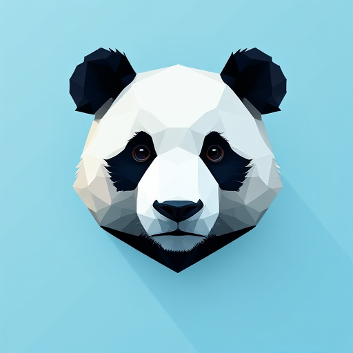 Create a high-resolution digital illustration of a polygonal panda head against a soft gradient blue background, using a DSLR camera with a 50mm lens, aperture f/2.8, ISO 100, and a slight tilt-shift effect for enhanced depth and clarity.