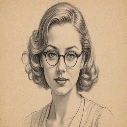 Elegant Charlotte Church, pencil sketch, portrait of Graceful woman 1935s in glasses, hair style beatnik, outline, clear lines, fine lines, 8k