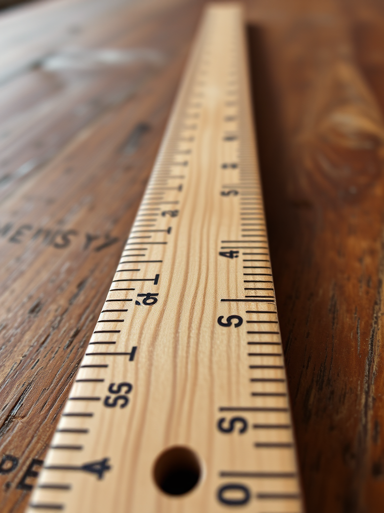 Create a high-resolution image of a wooden ruler viewed from above with a 50mm lens, f/8 aperture, ISO 100, and natural lighting to enhance the texture and details.