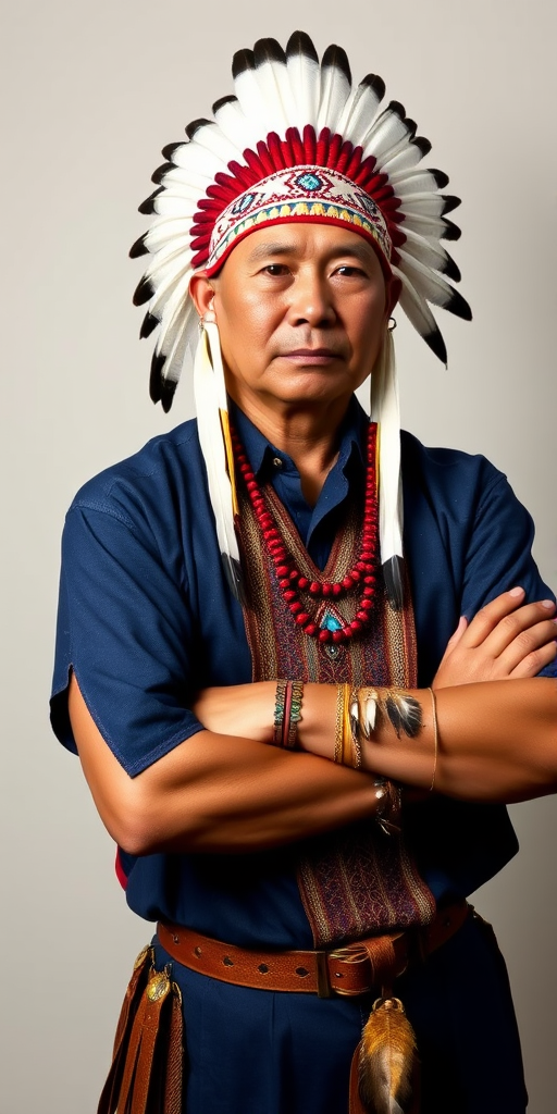 Create a dignified portrait of a Native American man dressed in traditional attire. He wears a beautifully crafted headdress adorned with white feathers and red beads, along with a beaded headband featuring intricate patterns. His clothing includes a deep blue, patterned shirt and a traditional chest piece with detailed beadwork. His arms are crossed, displaying leather armbands decorated with feathers. The background is simple and neutral, emphasizing his proud and stoic expression. The overall image captures the rich cultural heritage and strength of his persona.