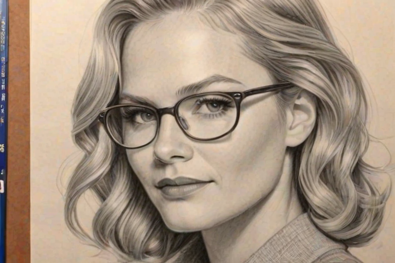 Beauteous Jennifer Morrison, pencil sketch, portrait of Comely woman 1938s in glasses, hair style beatnik, outline, clear lines, fine lines, 8k