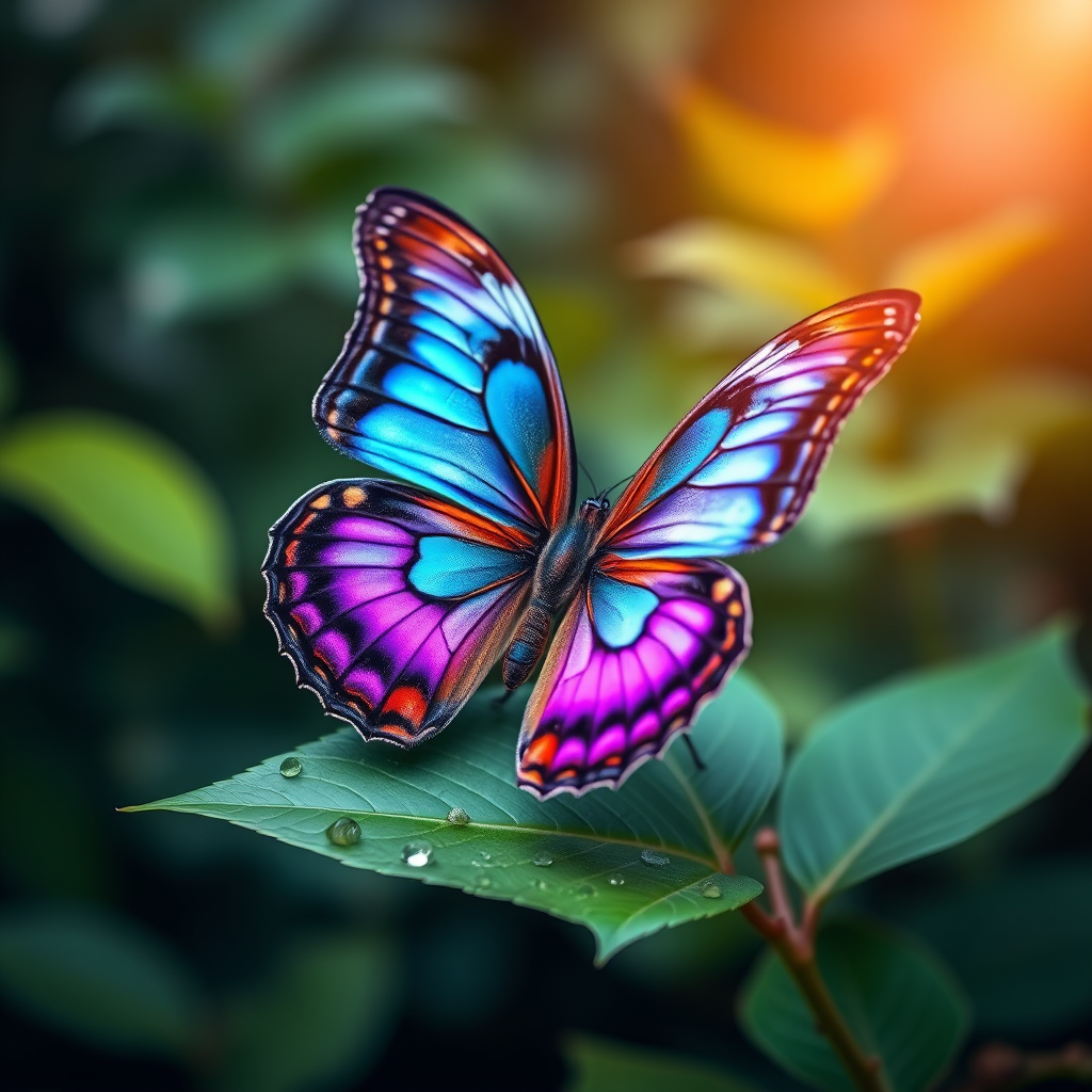 Generate an image of a vibrant butterfly perched on a green leaf. The butterfly should have intricate patterns in shades of blue, purple, and orange, showcasing its colorful wings against a softly blurred background of foliage. The scene should convey a sense of tranquility and natural beauty.