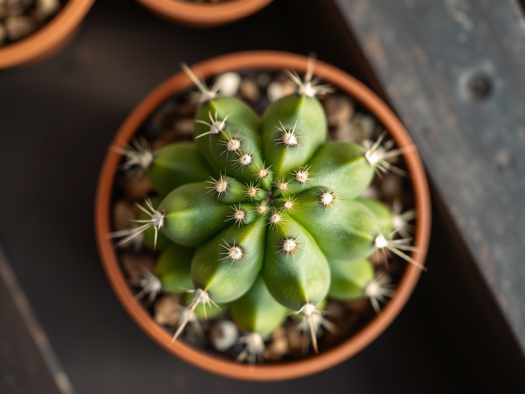 create a high-resolution image of a green cactus with sharp spikes in a brown pot, shot with a 50mm lens, aperture f/2.8, ISO 100, soft natural lighting, top-down view, digital art style, using a DSLR camera
