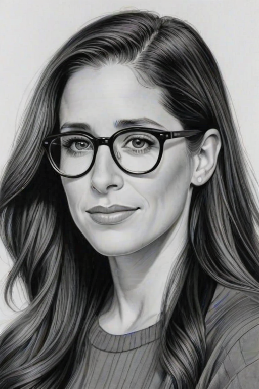 Captivating Soleil Moon Frye, pencil sketch, portrait of Sublime woman 1937s in glasses, hair style beatnik, outline, clear lines, fine lines, 8k