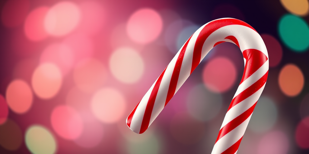 Create a vibrant and detailed illustration of a Christmas candy cane with bold red and white stripes, using a 50mm lens, aperture f/2.8 for shallow depth of field, 300 DPI for high resolution, and a soft-focus background to enhance focus on the candy cane.