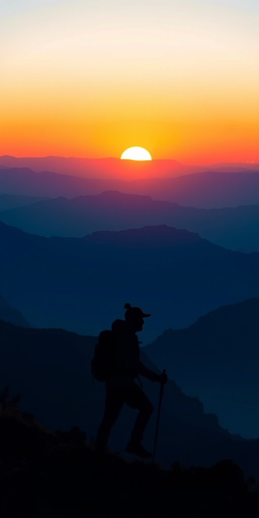 Generate a vector-style landscape image featuring a hiker silhouetted against a sunrise over layered blue mountains, using a Canon EOS R with a 24-70mm f/2.8 lens at f/8, ISO 100, and a wide-angle view to enhance depth and detail.
