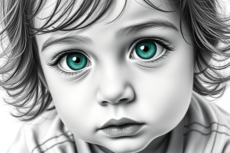 A hyperdetailed photorealistic black and white sketch of a beautiful toddler with deep green eyes, with a macro focus