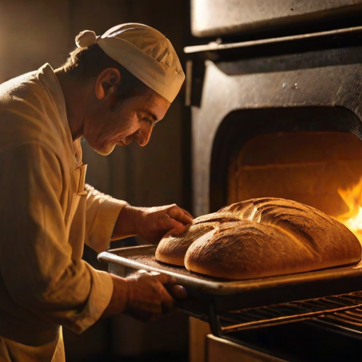 Warmly lit image of a baker pulling freshly baked bread from an oven, soft glow from the flames casting warm shadows, the smell of yeast and warm dough filling the kitchen.