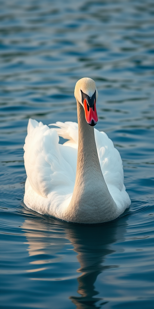 A majestic white swan gracefully posing on a serene blue water surface, captured with a Canon EOS R5, 85mm f/1.4 lens, aperture f/2.8, shutter speed 1/500s, ISO 200, taken at eye level with a shallow depth of field for a soft background.