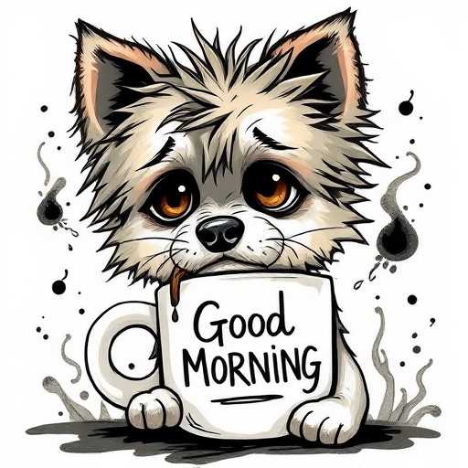 A quirky, artistic illustration of a disheveled aussiepom dog breed with exaggerated, large eyes and spiky fur, holding a coffee mug that reads "Good Morning". The dog has a tired but humorous expression, with ink splatters and abstract details surrounding it, giving a whimsical feel to the image. The color palette is mostly monochrome with hints of black in the eyes and steam rising from the mug, enhancing the overall sleepy vibe