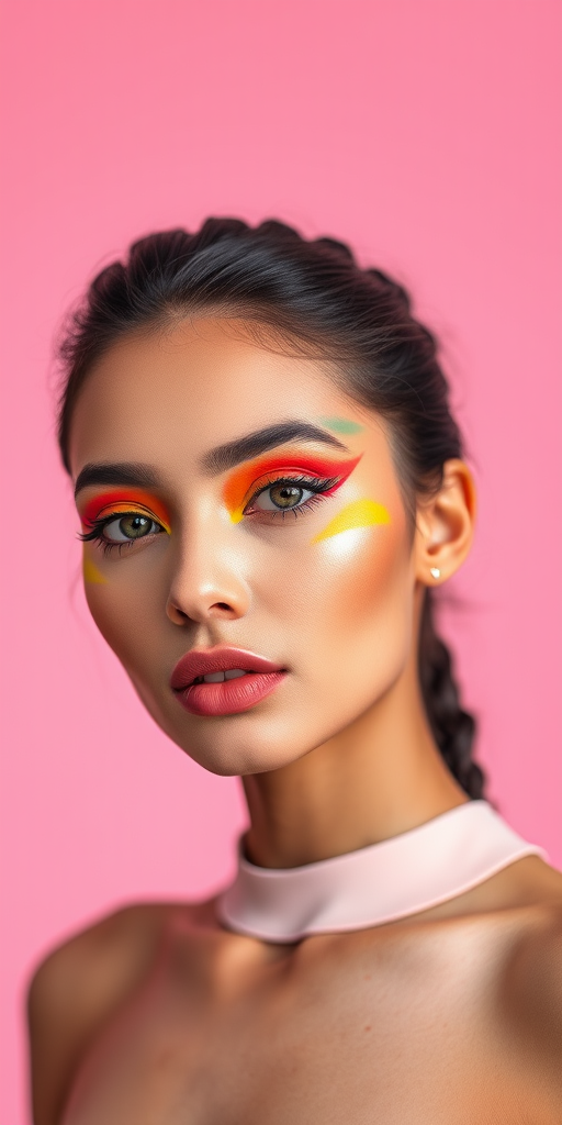 Regenerate the image of a model with colorful makeup against a solid pink background using a Canon EOS R5, 50mm lens, f/1.8 aperture, ISO 100, shutter speed 1/200s, in soft natural light for a high-quality portrait.