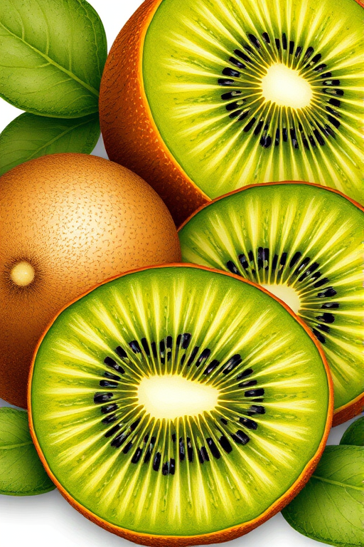 A detailed illustration of a kiwi fruit, featuring a whole kiwi next to a sliced kiwi showcasing its vibrant green flesh and black seeds, surrounded by a few leaves, high resolution, macro view, using a DSLR camera with an aperture of f/2.8, ISO 100, shutter speed 1/200s, natural light.