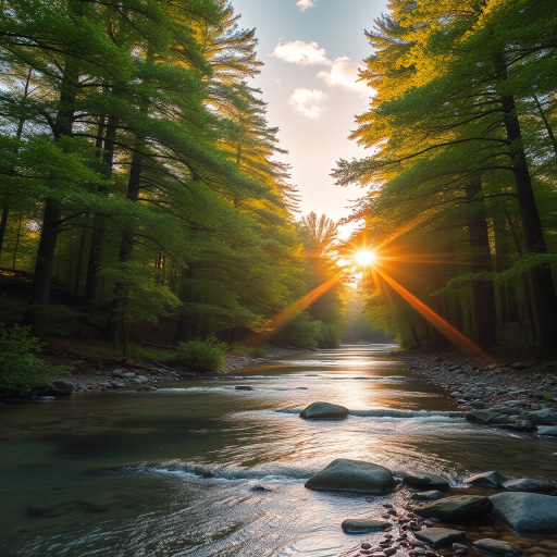 Create an image of a serene, sunlit forest scene with a clear, gently flowing river. Tall trees with lush green foliage line both sides of the river, their leaves bathed in the warm golden light of the setting or rising sun. The sunlight filters through the trees, casting soft, dappled light on the river, which flows over smooth rocks and pebbles, creating a peaceful, natural atmosphere. The sky is bright with a few scattered clouds, and the overall mood is tranquil, evoking a deep sense of connection with nature. The image captures the beauty of a calm, pristine forest landscape at either dawn or dusk.