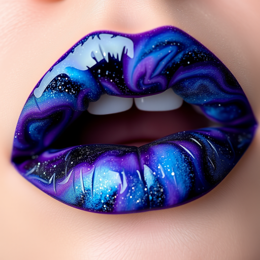 Enchanting galaxy lips swirling with deep blues, purples, and hints of silver glitter, mimicking the vast expanse of the cosmos on a miniature scale