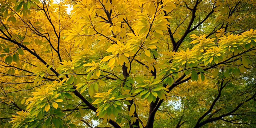 Capture a vibrant tree with a mix of green and yellow leaves, shot with a Canon EOS R5 at f/2.8, ISO 100, 1/250s, using a 50mm lens from a low angle for a dramatic effect and enhanced detail.