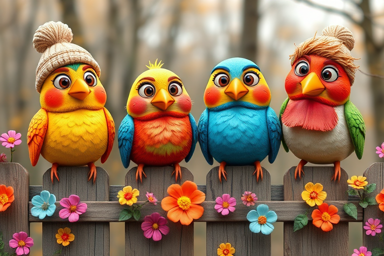 create a scene of 4 quirky  whimsical colourful comical birds each with a funny expression. they are sat on a wooden fence with colourful flowers. they are all different sizes. each one is a different colour  one is wearing a woolly hat. Each one has a different quirky google expression and there is a muted background of trees watercolour paintierly style high definition 8k resolution 3D paper mache