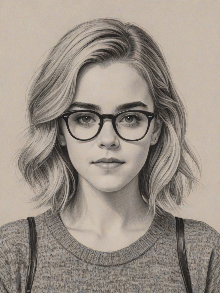 Delightful Kiernan Shipka, pencil sketch, portrait of Pleasing woman 1969s in glasses, hair style beatnik, outline, clear lines, fine lines, 8k