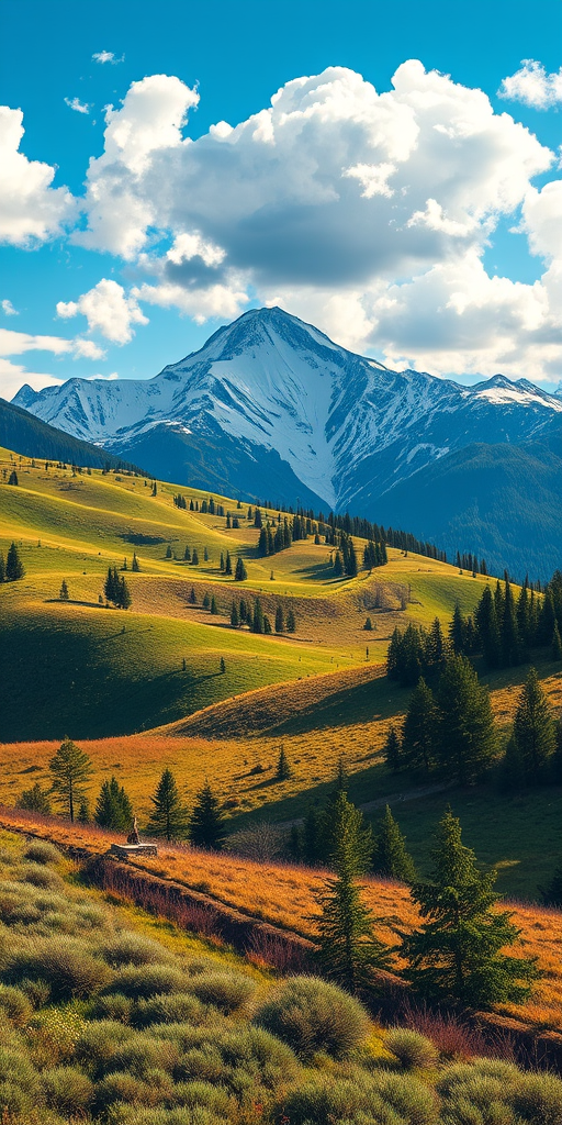 Create a vibrant landscape illustration of a mountain scene featuring snowy peaks, green rolling hills, and scattered pine trees under a blue sky with fluffy clouds, captured with a Canon EOS R5 at f/8, ISO 200, 24mm wide-angle lens, in vibrant colors and high detail to enhance the image quality.
