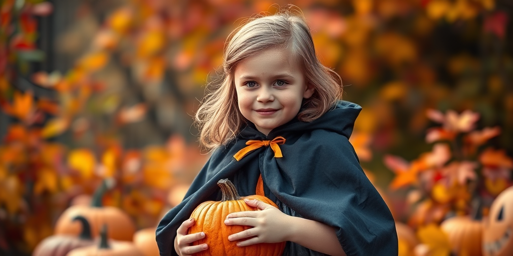 A young girl in a Halloween cape holding pumpkins, surrounded by vibrant autumn foliage, taken with a Canon EOS R5, 85mm lens, f/1.8 aperture, ISO 200, in soft natural light, shallow depth of field, focusing on the girl while blurring the background for enhanced detail.