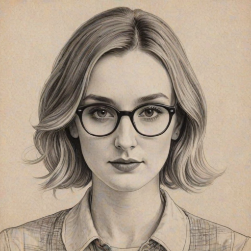 Graceful Laura Carmichael, pencil sketch, portrait of Enchanting woman 1925s in glasses, hair style beatnik, outline, clear lines, fine lines, 8k