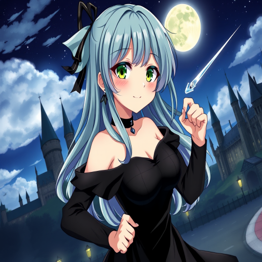masterpiece, best quality, 1girl, pa-san, green eyes, blue colored inner hair, large breasts, ear piercing, chin piercing, hime cut, choker, black dress, long dress, shoulder cutout, sleeves past fingers, cloud, moon, full moon, Hogwarts, castle hill, night sky, street, shooting star, looking at viewer, blush, light smile, closed mouth, strong pose