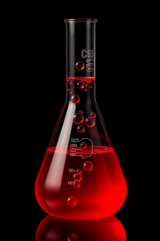 Create a high-resolution image of a red laboratory flask with bubbles, set against a black background, using a 50mm lens, f/2.8 aperture, ISO 100, top-down view, and photographed with a digital SLR camera.