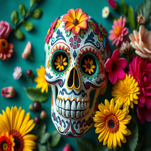 create a hyper-realistic image of a vibrant, intricately decorated sugar skull adorned with colorful flowers in a flat lay view, using a Canon EOS R5, 50mm lens, f/2.8 aperture, ISO 100, natural lighting to enhance colors and details