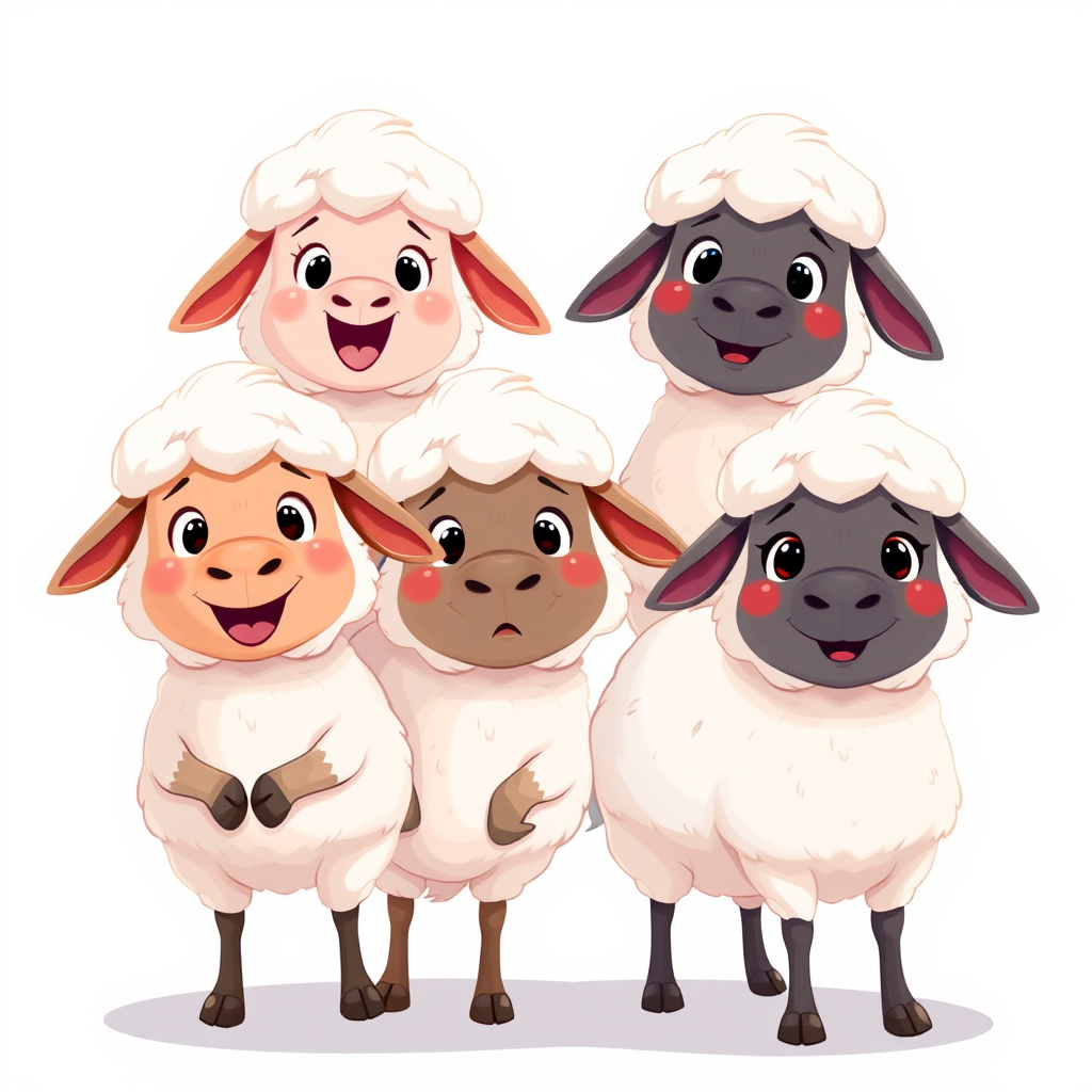 Create a cute, cartoon-style illustration of four sheep characters, showcasing different emotions: happy, surprised, shy, and sad, with a bright background, using a Canon EOS R5, 50mm lens, f/2.8 aperture, 1/250s shutter speed, and soft natural lighting to enhance colors and details.