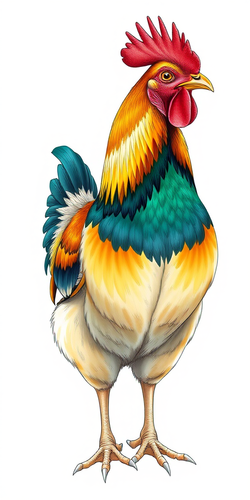 Create a detailed illustration of a chicken standing, with vibrant colors and fine line work, using a DSLR camera with a 50mm lens, f/1.8 aperture, ISO 200, and natural light for enhanced clarity and depth.