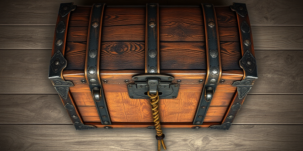 Create a highly detailed digital illustration of a vintage wooden treasure chest with intricate metal accents, shot with a DSLR camera at f/2.8 aperture, ISO 100, 50mm lens, capturing a top-down view with soft lighting to enhance textures and shadows.