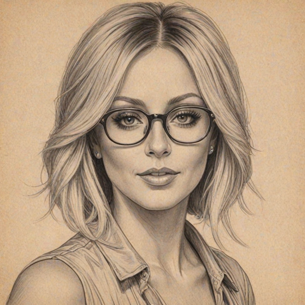 Splendid Aubrey O'Day, pencil sketch, portrait of Radiant woman 1929s in glasses, hair style beatnik, outline, clear lines, fine lines, 8k
