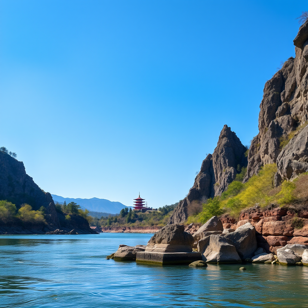Capture a tranquil riverside landscape featuring steep rocky outcrops and a distant pagoda under clear blue skies, using a DSLR camera, aperture f/8, ISO 200, shutter speed 1/250 sec, focal length 24mm, with a wide-angle view to enhance depth and detail.