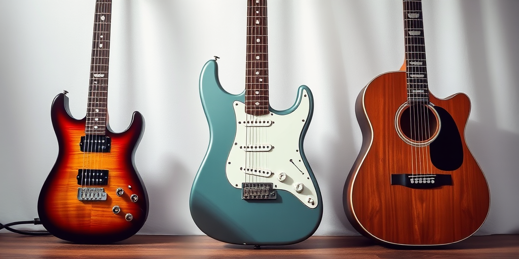 Create a high-resolution image of three guitars, including an electric guitar, a modern electric guitar, and an acoustic guitar, capture with a DSLR camera using a 50mm lens, aperture f/1.8, ISO 200, shot from a frontal view with soft lighting to enhance details and colors.