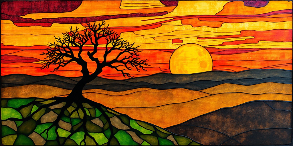 A vibrant abstract painting on Tiffany Glass, blending acrylic and alcohol ink techniques, captures a dramatic sunset over rolling hills. The artwork features a textured, rocky foreground in green and brown, layered abstract hills, and a striking sunset in rich oranges, yellows, and reds. A solitary black tree with intricate branches contrasts against the fiery sky, creating a dynamic and expressive portrayal of a breathtaking natural scene.