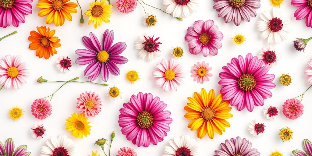 generate a seamless floral pattern featuring a variety of colorful flowers on a white background, taken with a macro lens at f/2.8, ISO 100, shutter speed 1/200, with a top-down view using a DSLR camera for enhanced image quality