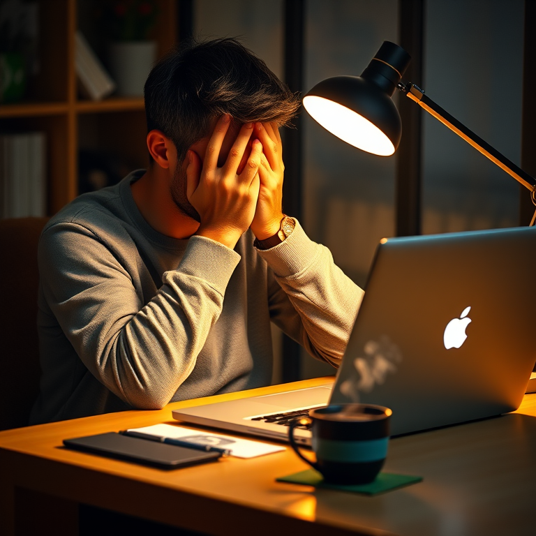Create an image of a person sitting at a desk in a cozy setting, with their hands covering their face in a gesture of frustration, a laptop in front of them, a steaming cup of coffee beside the laptop, and a warm desk lamp illuminating the scene; captured with a Canon EOS R5, 50mm lens, f/1.8 aperture, ISO 100, and a soft-focus background for depth.