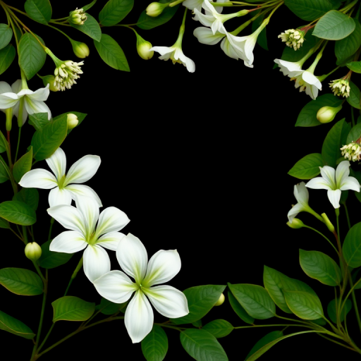 Create a floral frame with white flowers and green leaves on a black background, using a DSLR camera, f/2.8 aperture, 50mm lens, natural lighting, and a shallow depth of field for a soft focus effect.