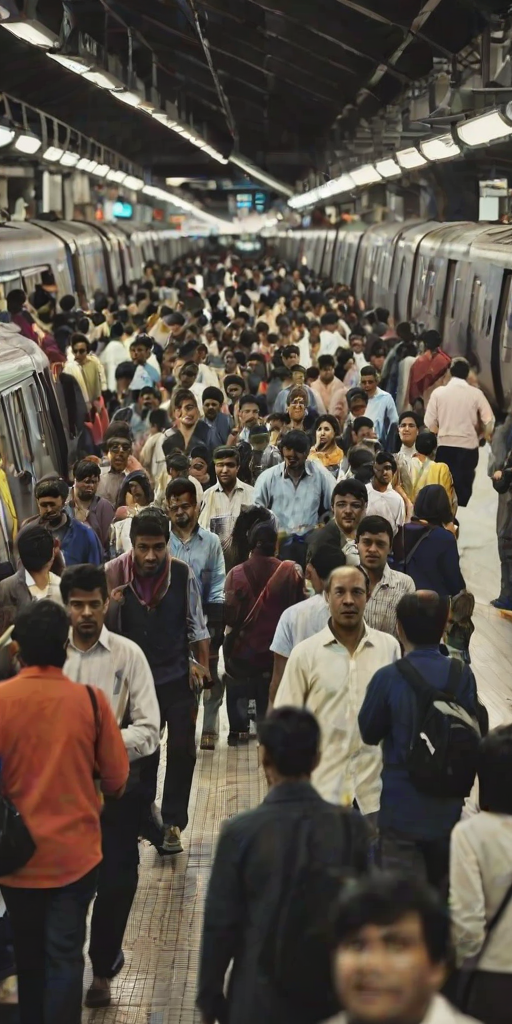 Bustling metro station during rush hour, people rushing to catch trains, their footsteps blending with the hum of distant conversations.