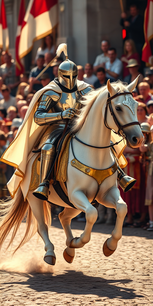 Capture a majestic medieval knight in shining armor galloping on a horse draped with a flowing white and gold cape, surrounded by a captivated crowd, shot with a Canon EOS R5 at 85mm f/1.8 for a shallow depth of field, in bright natural light with a shallow focus on the knight and horse.