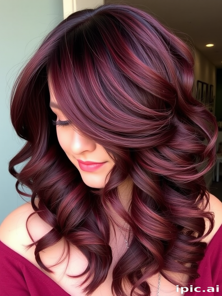 Deep burgundy tresses arranged in the "Velvet Vixen" style feature voluminous curls and a side-swept fringe, with subtle garnet highlights adding depth and dimension