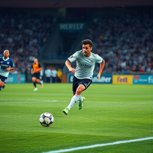 Generate an action shot of a soccer player running on the field during a match, with dynamic lighting and vibrant colors, using a DSLR camera at 1/1000s shutter speed, f/4 aperture, ISO 800, 50mm lens, and a low angle view to emphasize movement and energy.
