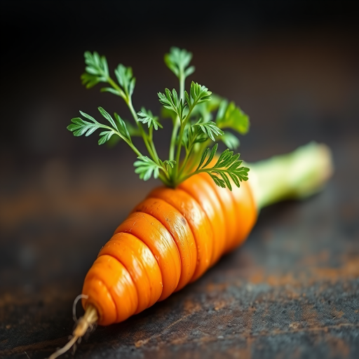 Create a detailed illustration of a vibrant carrot with leafy greens on top, using a DSLR camera with a 50mm lens at f/2.8, ISO 100, and a 1/200 shutter speed, in a soft focus style to enhance the colors and textures of the carrot against a blurred background.