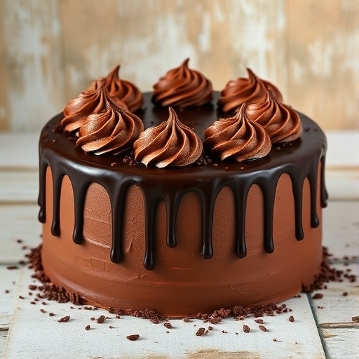 Create an image of a round chocolate cake decorated with swirls of chocolate frosting on top and chocolate ganache drizzling down the sides. The cake should have a smooth, rich chocolate exterior and be adorned with chocolate sprinkles. The background should be simple and rustic to emphasize the cake.