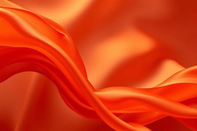 Create an abstract image of flowing orange and red silk fabric with smooth curves and folds, captured with a Canon EOS R5 camera, 50mm f/1.2 lens, at ISO 100, aperture f/2.8, shutter speed 1/125 sec, in soft natural lighting from the side for enhanced texture and detail.