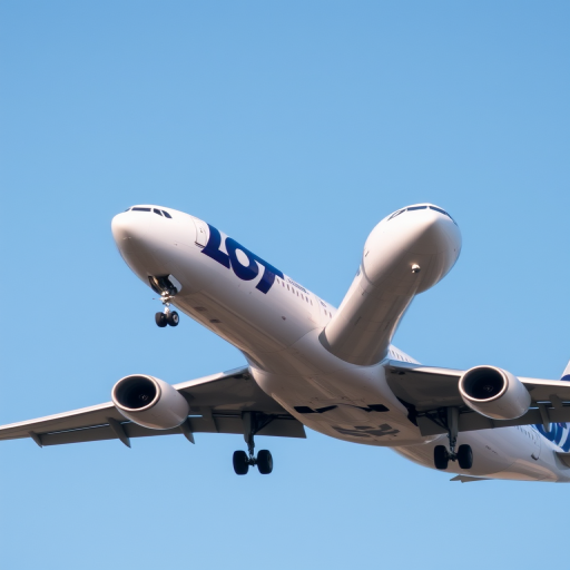 regenerate an image of a LOT Airlines aircraft, capturing the plane in a dynamic takeoff pose against a clear blue sky, use a DSLR camera set to f/8, ISO 100, shutter speed 1/500s, shot from a 45-degree angle view, with a focal length of 100mm to enhance image quality and detail.