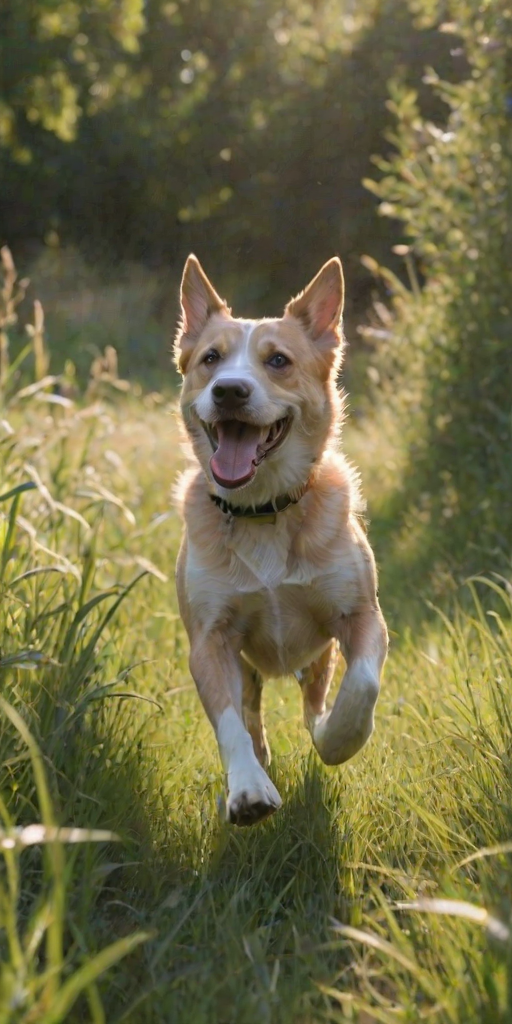 Blurry, fast-paced photo of a dog running through a field of tall grass, tongue hanging out, joyful expression on its face, sunlight filtering through the trees, distant birds flying overhead, shadows dancing on the ground.